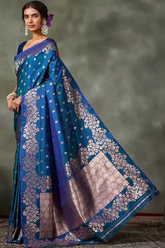 teal woven design silk blend banarasi saree