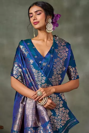 teal woven design silk blend banarasi saree