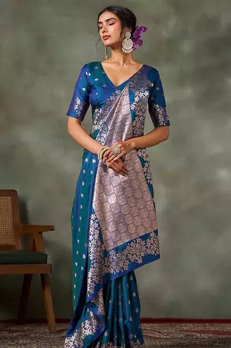 teal woven design silk blend banarasi saree