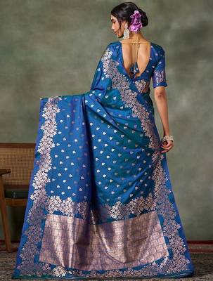 teal woven design silk blend banarasi saree 5