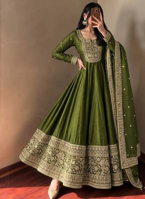 Women's green heavy zari & sequins work anarkali suit set with straight pant and embroidered dupatta 2