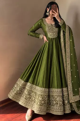 Women's green heavy zari & sequins work anarkali suit set with straight pant and embroidered dupatta