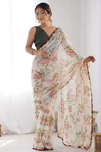 white floral printed saree with blouse piece
