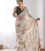 white floral printed saree with blouse piece