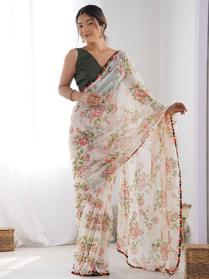 white floral printed saree with blouse piece