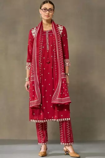 women ethnic motifs embroidered regular thread work cotton kurta with trousers & with dupatta