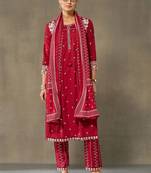 women ethnic motifs embroidered regular thread work cotton kurta with trousers & with dupatta