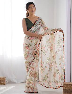 white floral printed saree with blouse piece 2