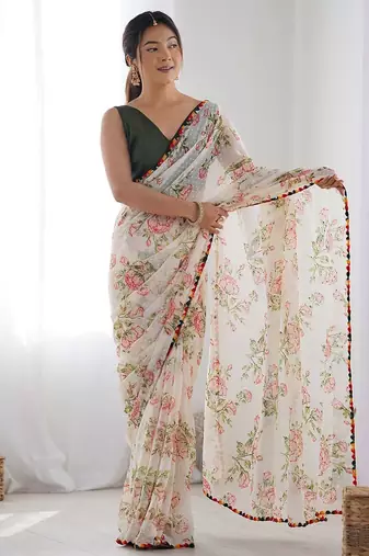 white floral printed saree with blouse piece