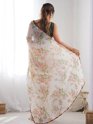 white floral printed saree with blouse piece 3
