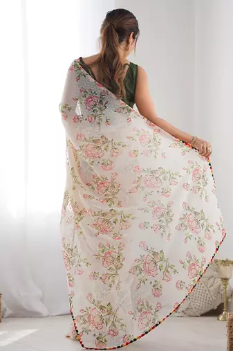 white floral printed saree with blouse piece