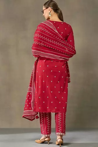 women ethnic motifs embroidered regular thread work cotton kurta with trousers & with dupatta