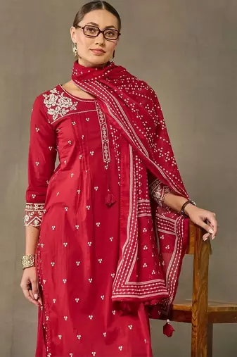 women ethnic motifs embroidered regular thread work cotton kurta with trousers & with dupatta