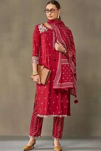 women ethnic motifs embroidered regular thread work cotton kurta with trousers & with dupatta