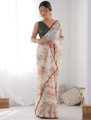 white floral printed saree with blouse piece 4