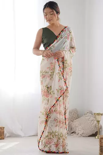 white floral printed saree with blouse piece