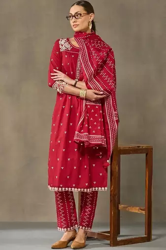 women ethnic motifs embroidered regular thread work cotton kurta with trousers & with dupatta