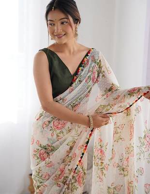 white floral printed saree with blouse piece 5