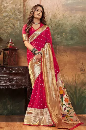 pink ethnic motifs woven design zari paithani saree