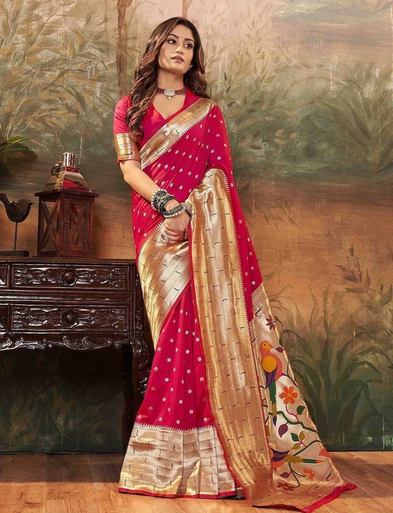 pink ethnic motifs woven design zari paithani saree