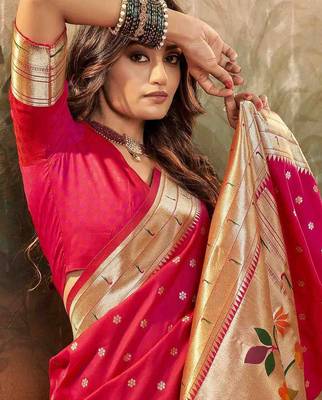 pink ethnic motifs woven design zari paithani saree 2