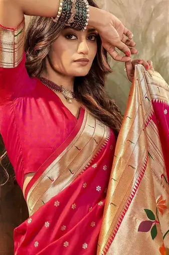 pink ethnic motifs woven design zari paithani saree