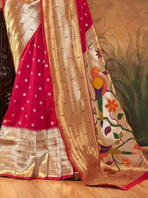 pink ethnic motifs woven design zari paithani saree 3