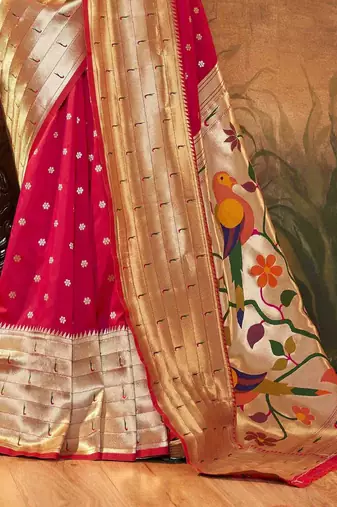 pink ethnic motifs woven design zari paithani saree
