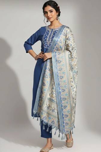 women ethnic motifs embroidered regular thread work kurta with trousers & with dupatta
