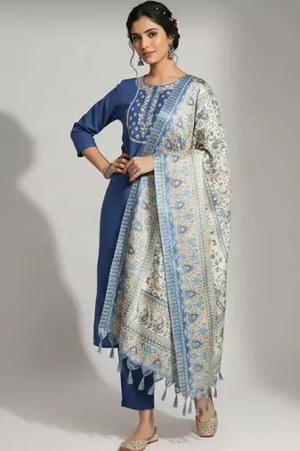 women ethnic motifs embroidered regular thread work kurta with trousers & with dupatta