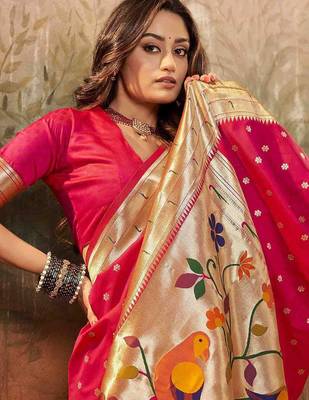 pink ethnic motifs woven design zari paithani saree 4