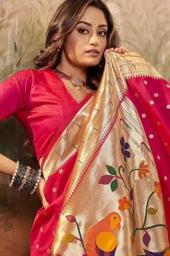 pink ethnic motifs woven design zari paithani saree