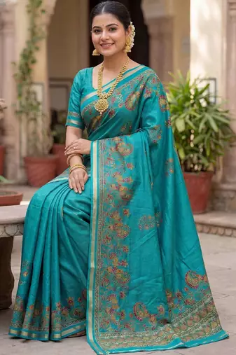 turquoise paisley zari poly chiffon saree