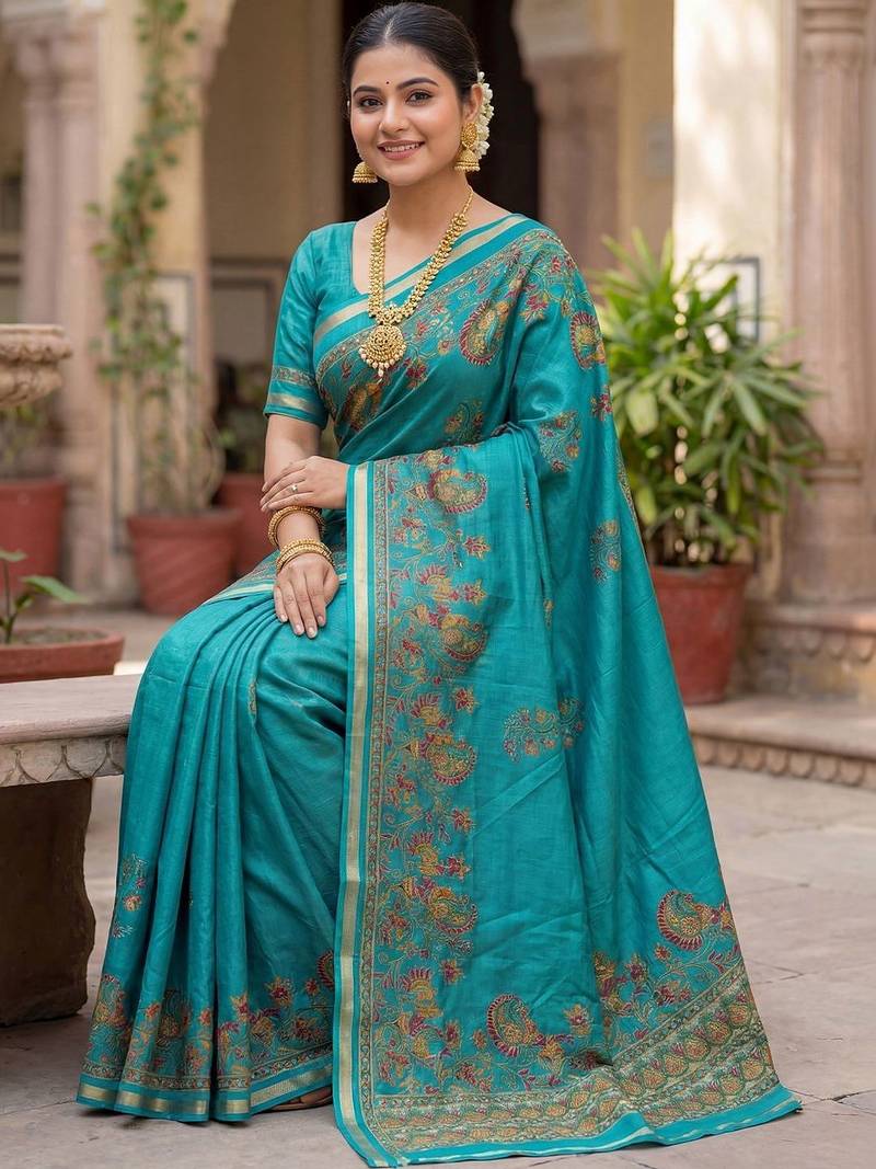 turquoise paisley zari poly chiffon saree