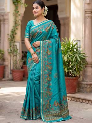 turquoise paisley zari poly chiffon saree 2