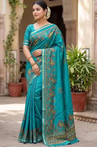 turquoise paisley zari poly chiffon saree