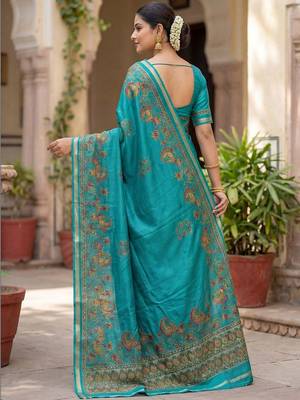 turquoise paisley zari poly chiffon saree 3
