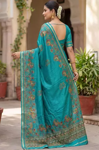 turquoise paisley zari poly chiffon saree