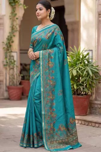turquoise paisley zari poly chiffon saree
