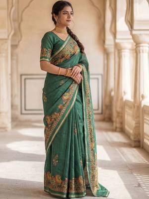 green ethnic motifs zari poly chiffon saree 4