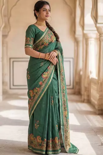 green ethnic motifs zari poly chiffon saree