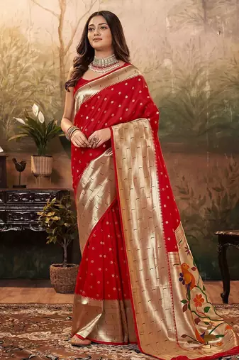red woven design zari work paithani saree