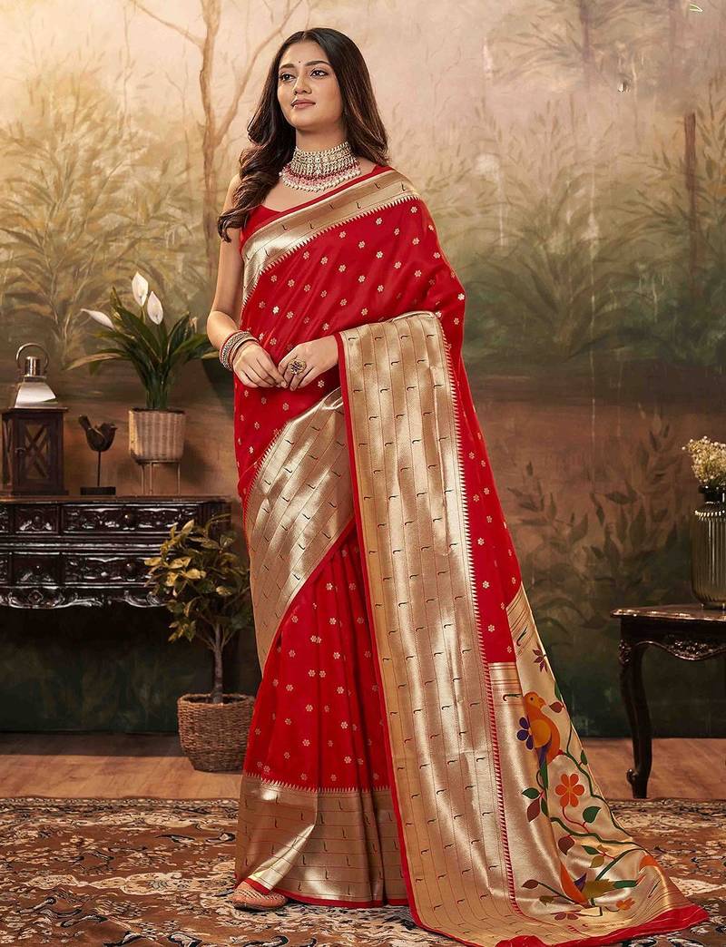 red woven design zari work paithani saree