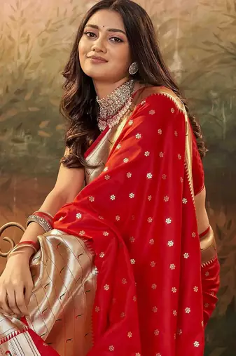 red woven design zari work paithani saree
