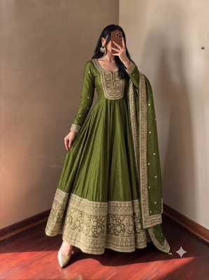 Women's green heavy zari & sequins work anarkali suit set with straight pant and embroidered dupatta 3