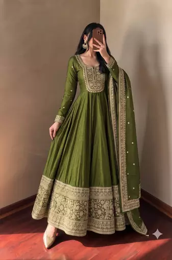 Women's green heavy zari & sequins work anarkali suit set with straight pant and embroidered dupatta