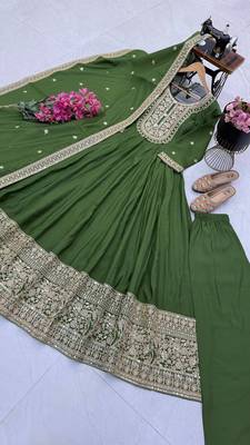 Women's green heavy zari & sequins work anarkali suit set with straight pant and embroidered dupatta 4