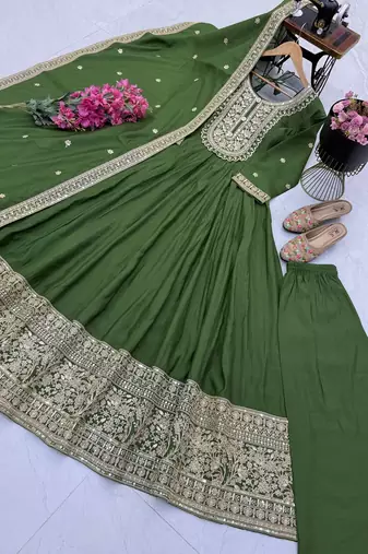 Women's green heavy zari & sequins work anarkali suit set with straight pant and embroidered dupatta