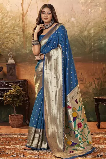 teal woven design zari paithani saree