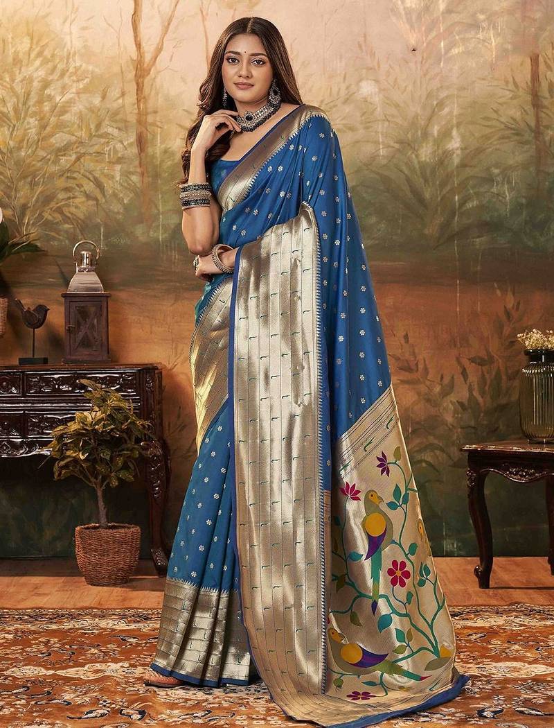 teal woven design zari paithani saree